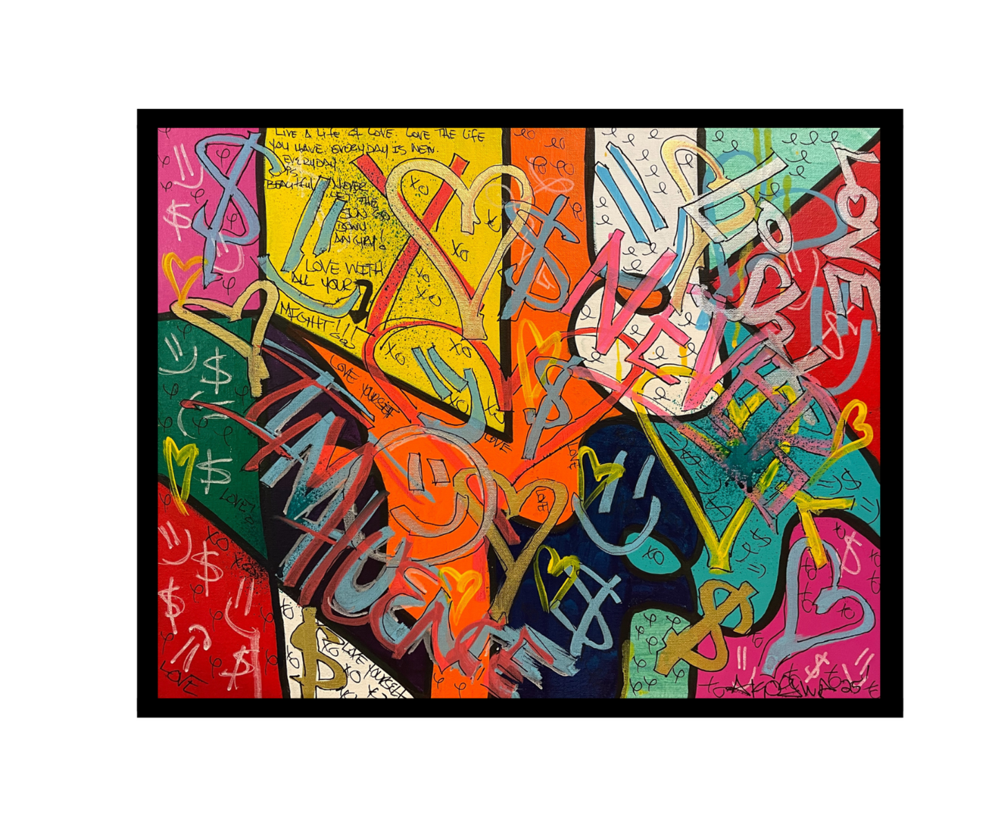Colorful abstract artwork with various symbols and text on a black background
