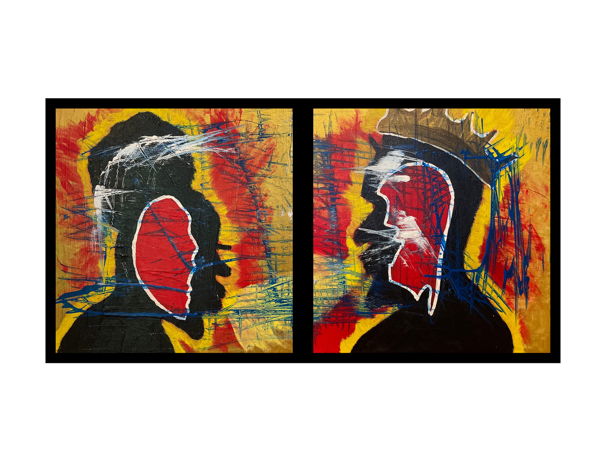 Abstract art piece with black, red, and yellow colors on a white background